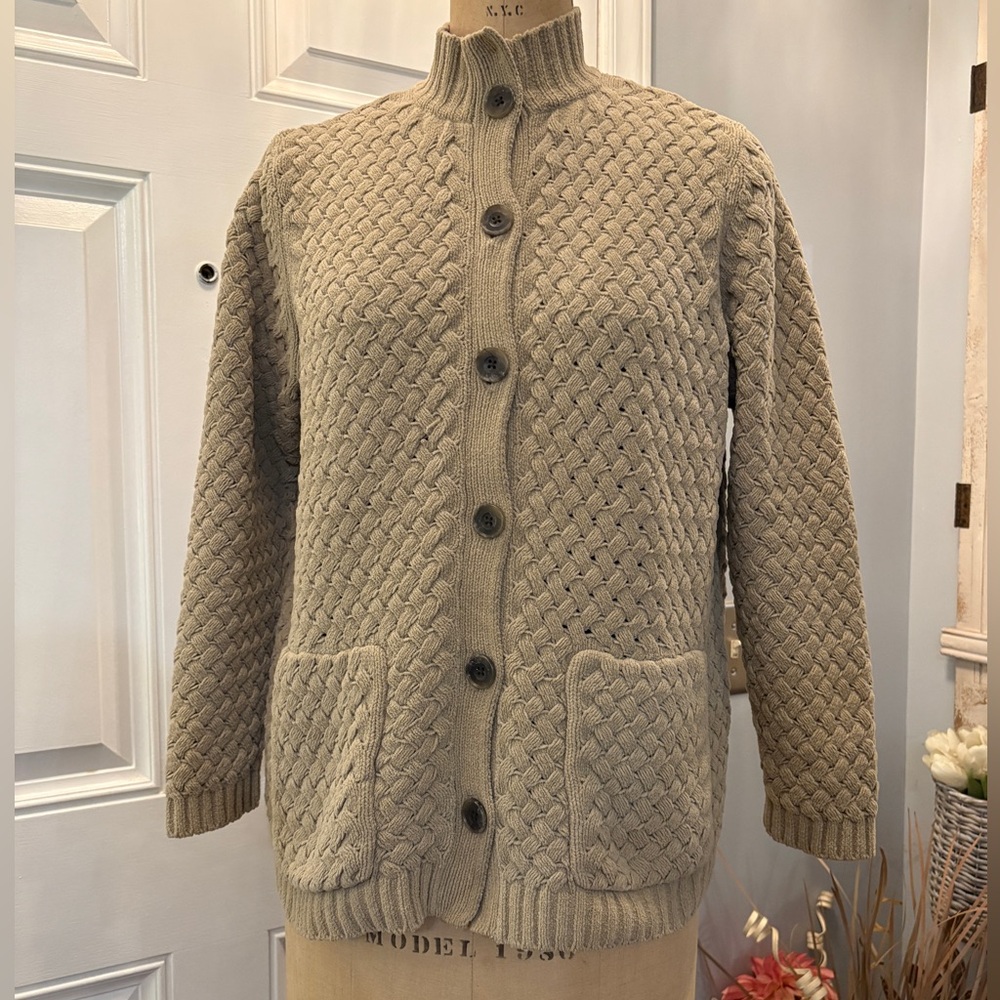 J. Jill Classic Tan Textured‎ Knit Button Up Cardigan Sweater- Women's S Preppy